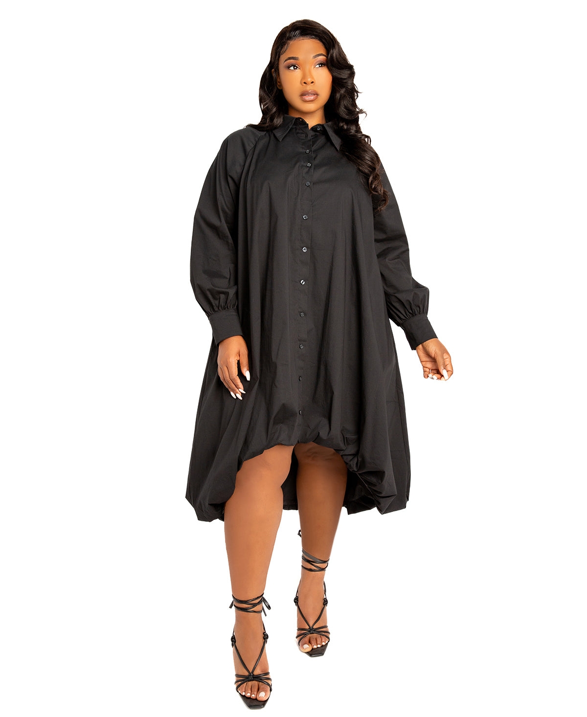 Plus Size Bubbled Hem High Low Shirt Dress - Black