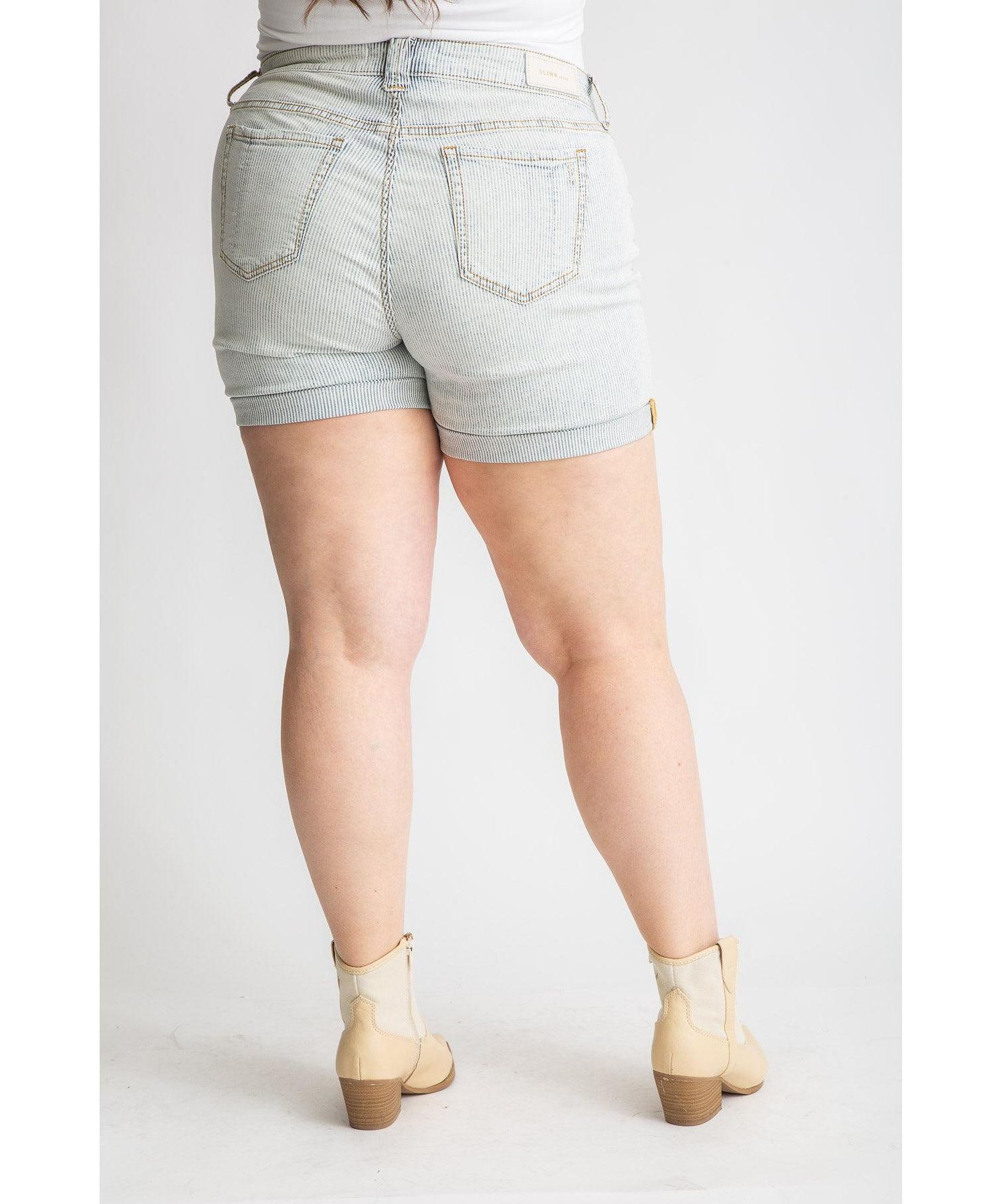 Plus Size Denim Mid Rise Shorts rolled in 5.5" inseam- Denim Stripes