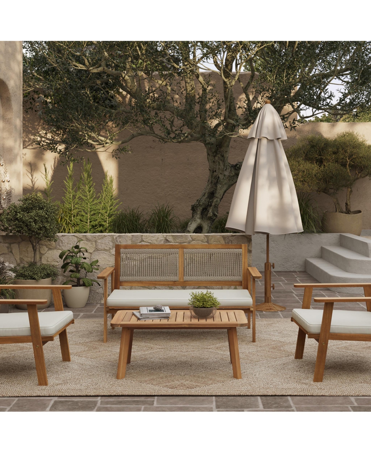 LuxenHome Outdoor Acacia Wood Rope Back Loveseat with Cushions and Coffee Table Set