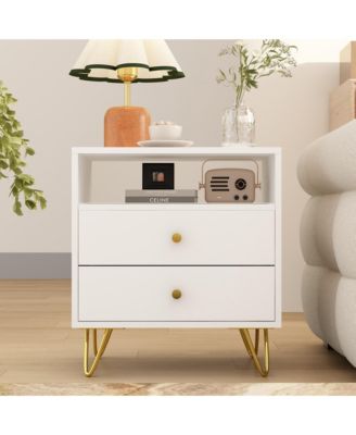 1 PC wooden Bedside table with three drawers, gold handles and feet - side table