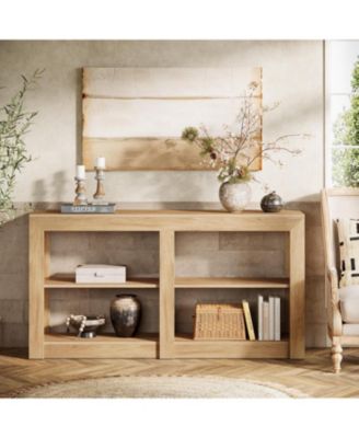 59-Inch Farmhouse Console Table, 3-Tier Entryway Table with Storage, Wood Console Behind Couch for Living Room, Hallway, Foyer, Oak