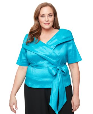 美品　 Traveler waxy taffeta navy XL Alex Evenings Plus Size V-Neck Bow-Trim Taffeta Blouse - Macy's