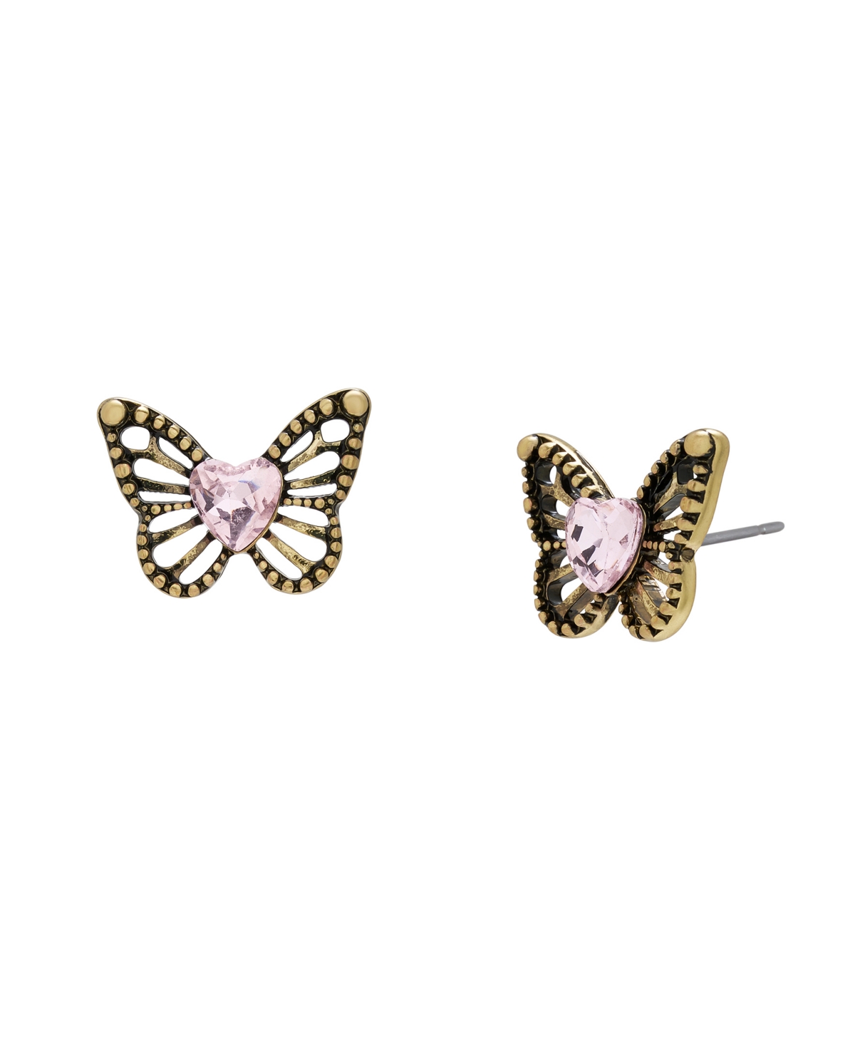 Faux Stone Boho Butterfly Openwork Stud Earrings - Pink, Antique Brass