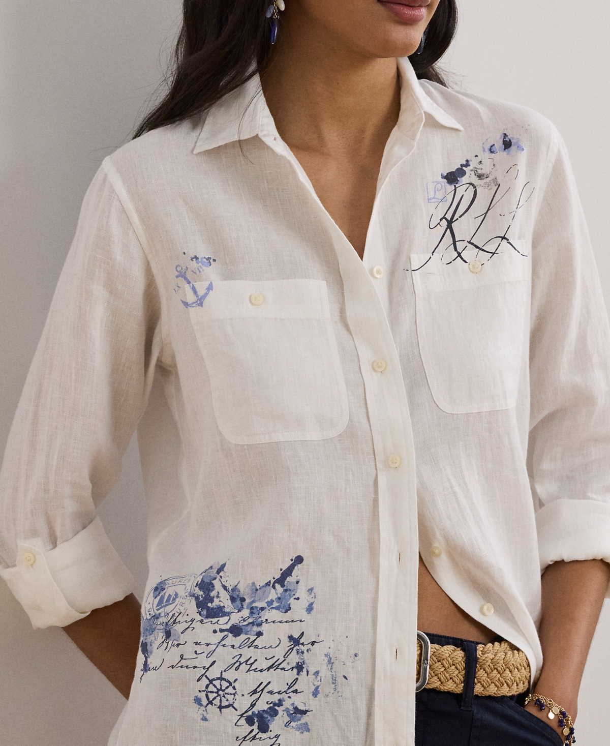 Ralph Lauren 100 Linen Womens Relaxed Fit Print Roll Tab Sleeve Shirt P Xs 3x In White