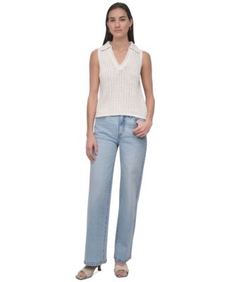 Women's Lacey Stitch Collared Sleeveless Sweater