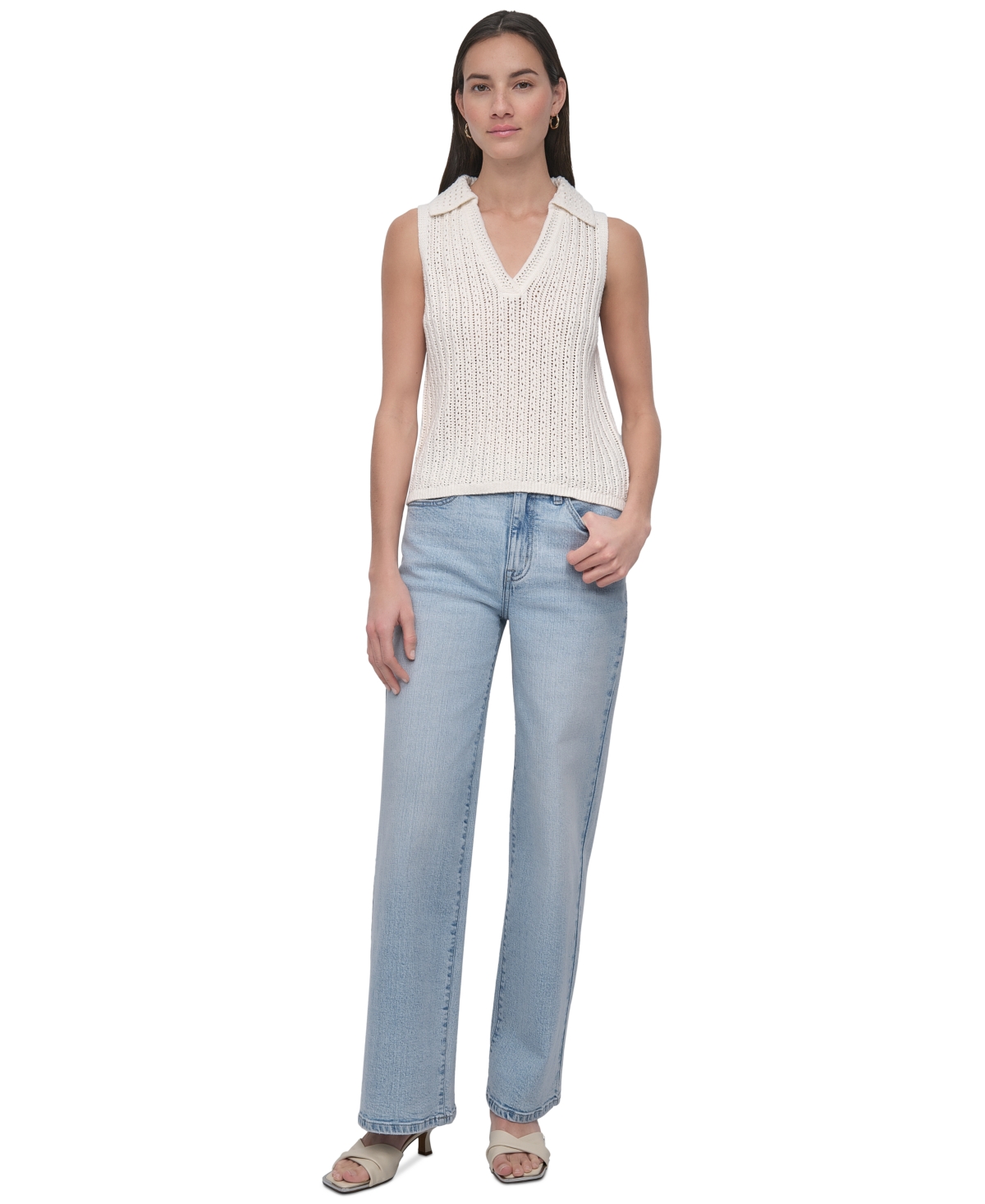 DKNY JEANS WOMEN'S LACEY STITCH COLLARED SLEEVELESS SWEATER 