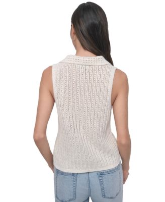 Women's Lacey Stitch Collared Sleeveless Sweater