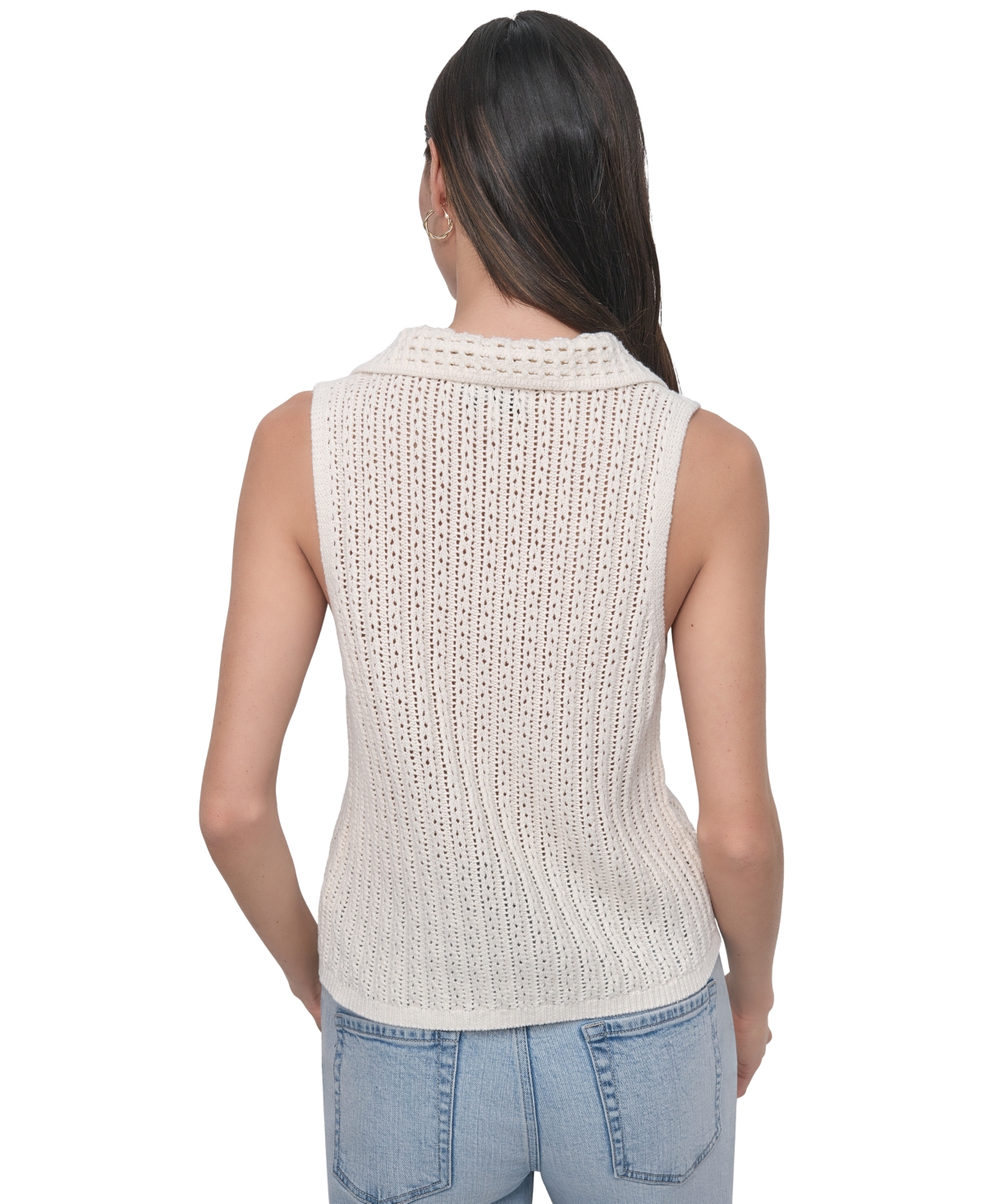 DKNY JEANS WOMEN'S LACEY STITCH COLLARED SLEEVELESS SWEATER 