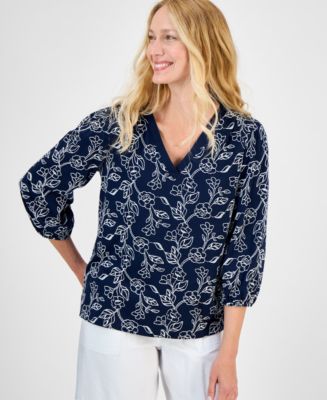 Style & Co Women's 3/4 Sleeve V-Neck Floral-Embroidered Top