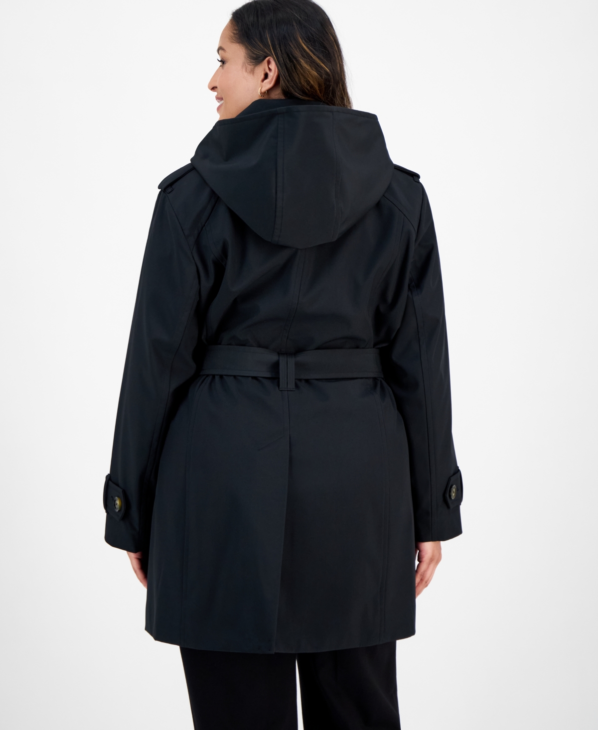 London Fog Plus Size Hooded Belted Raincoat In Black