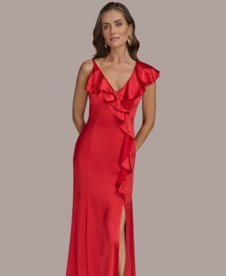 Women's Ruffle-V-Neck Sleeveless Gown