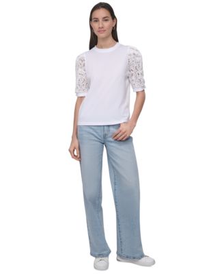 Women's Mixed Media Lace-Sleeve Top