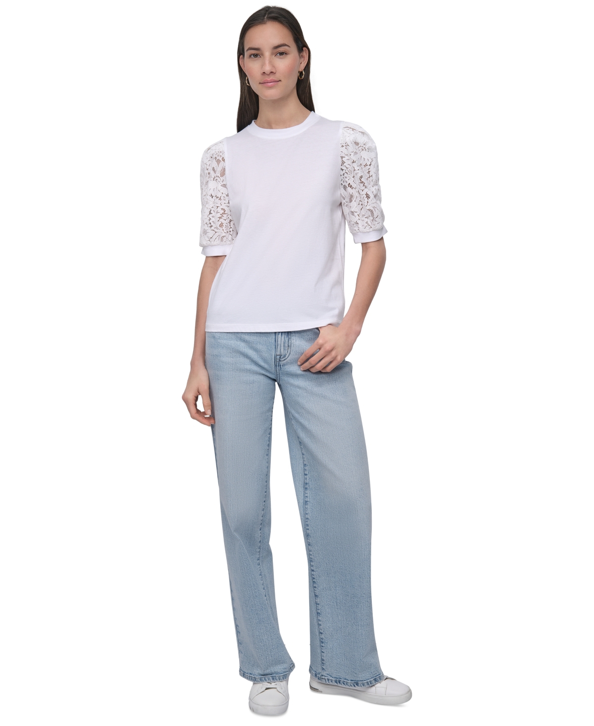 DKNY JEANS WOMEN'S MIXED MEDIA LACE-SLEEVE TOP 