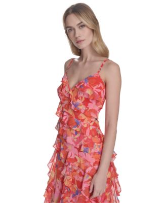 Women's Metallic-Clip Chiffon Asymmetric-Ruffle Dress