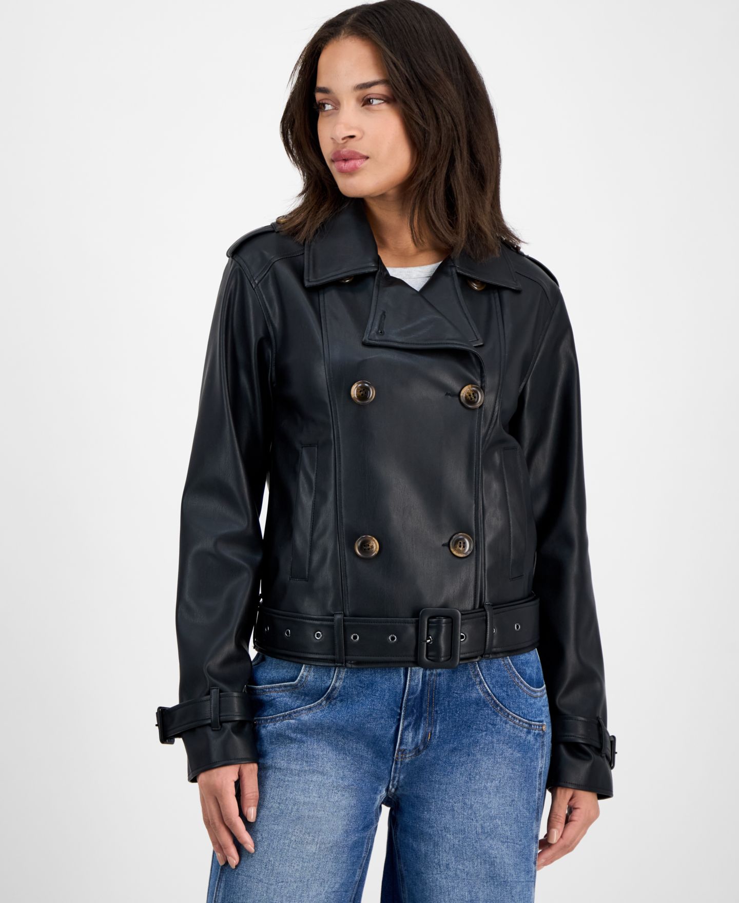 Женская куртка Steve Madden Belted Faux-Leather, цвет: Чёрный — фото 1