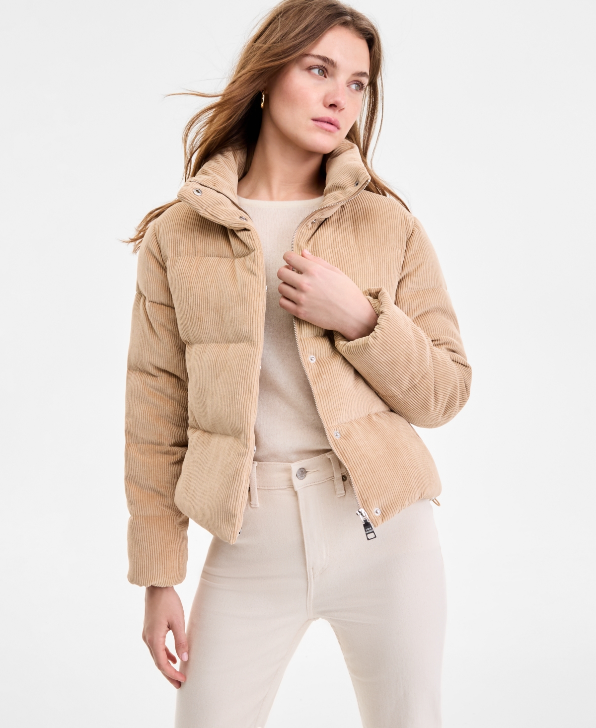 Steve Madden Women's Corduroy Zip-front Puffer Coat In Nude