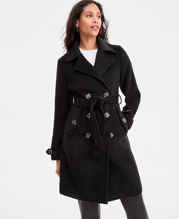 Steve Madden Women's Double-Breasted Belted Trench Coat (Black)