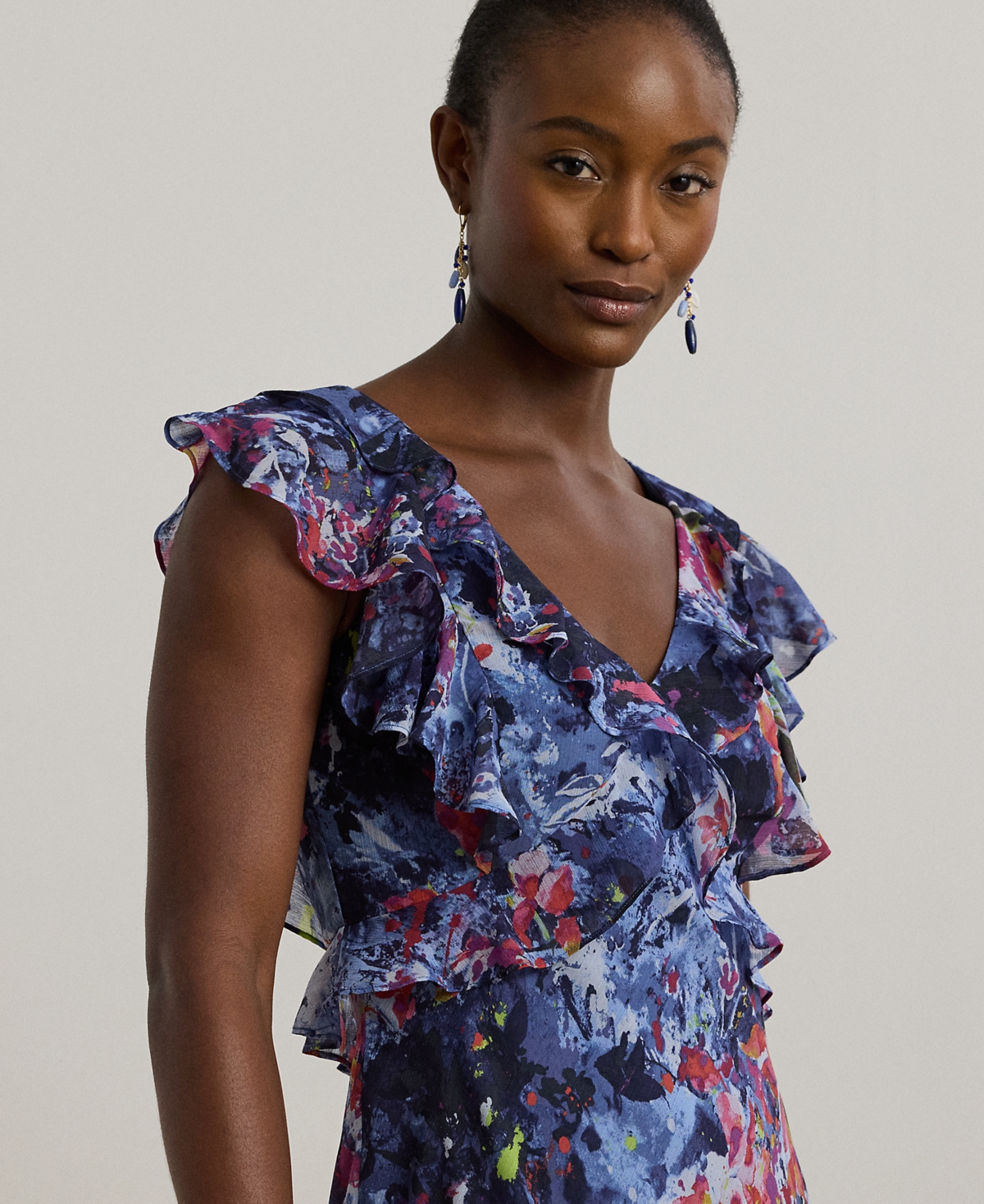 Shop Ralph Lauren Petite Print Ruffle-trim Georgette Midi Dress