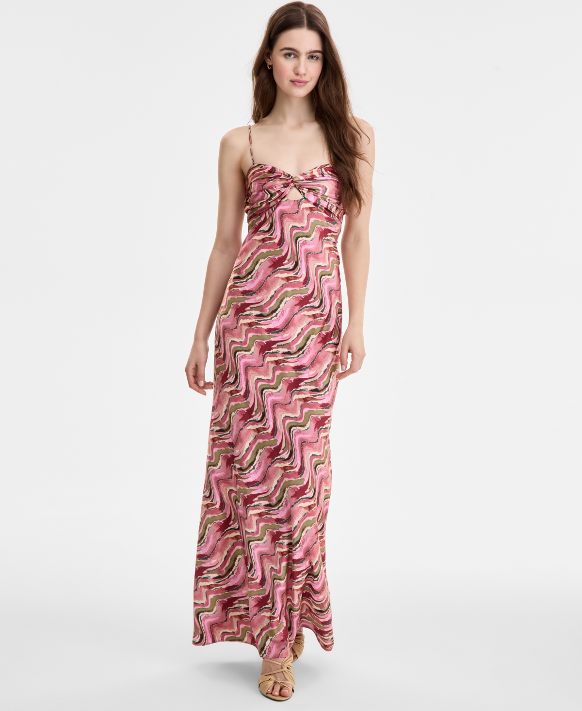 Juniors' Satin Printed Twist-Front Maxi Dress - Mauve/olive