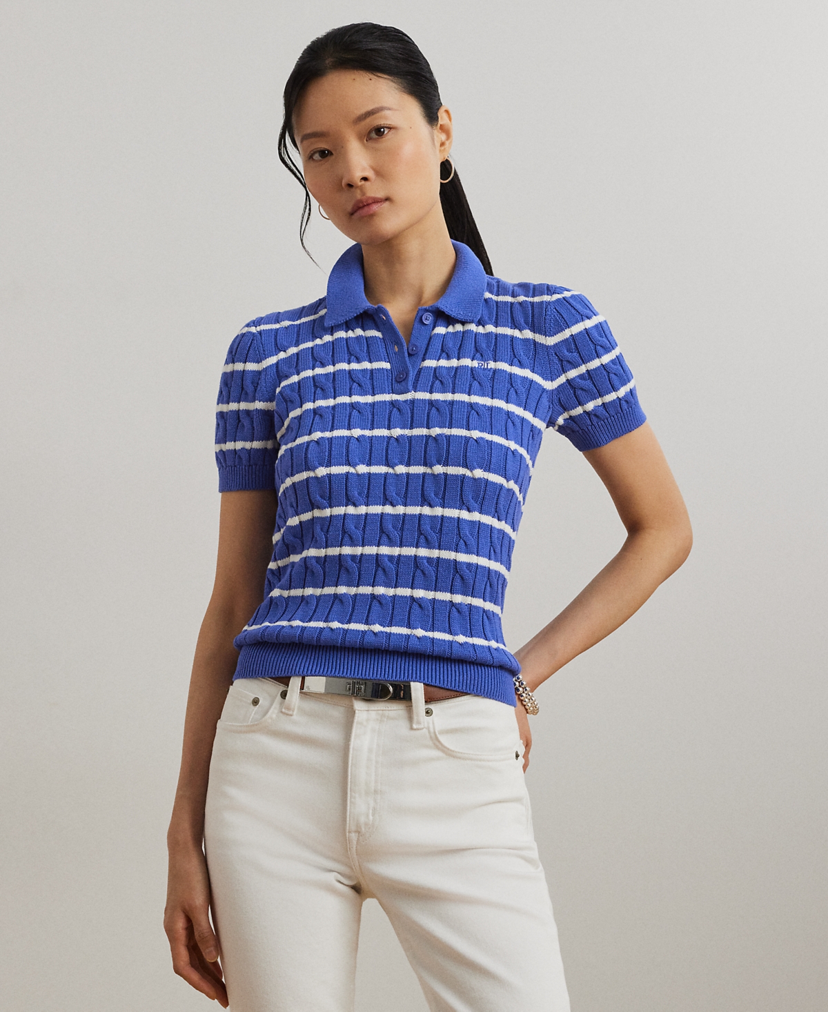 Petite Striped Cable-Knit Cotton Polo Sweater - Blue Lapis/White