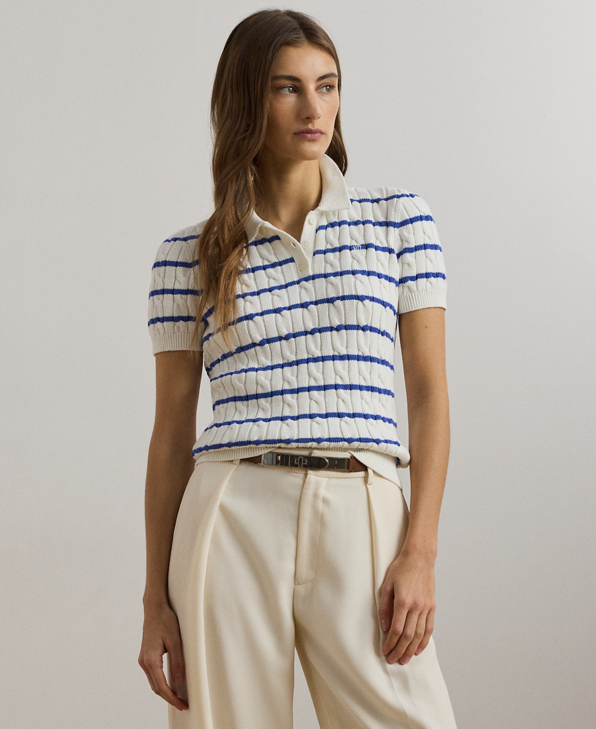 Petite Striped Cable-Knit Cotton Polo Sweater - Blue Lapis/White