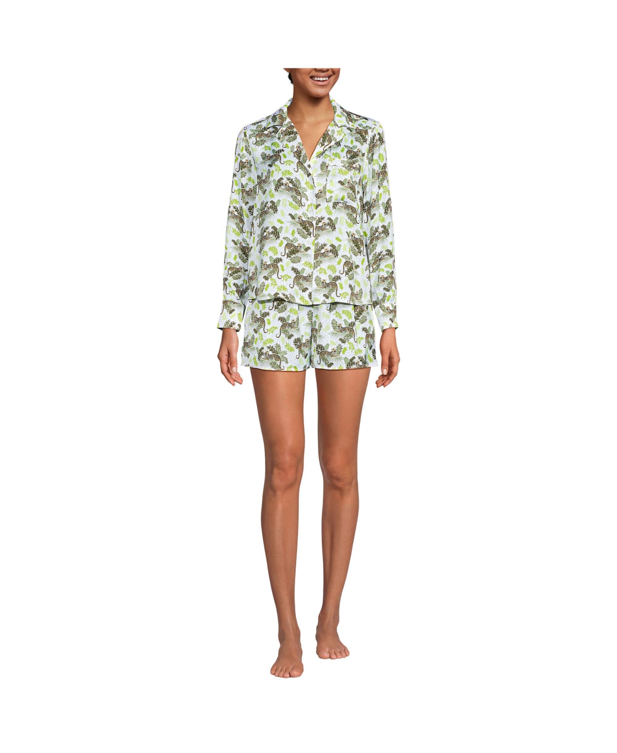 Women's Matte Satin 2 Piece Pajama Set - Long Sleeve Top and Shorts - Orange mist romantic floral