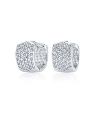 Classic 4 Four Row Cubic Zirconia Pave Clear CZ Wide Huggie Hoop Earrings Silver Plated