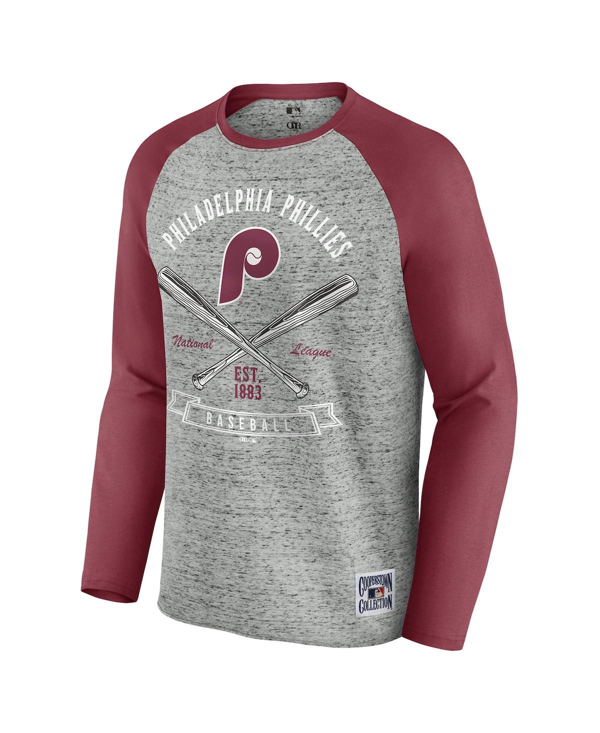 FANATICS MEN'S HEATHER GRAY PHILADELPHIA PHILLIES RAW EDGE RAGLAN LONG SLEEVE BASEBALL T-SHIRT 