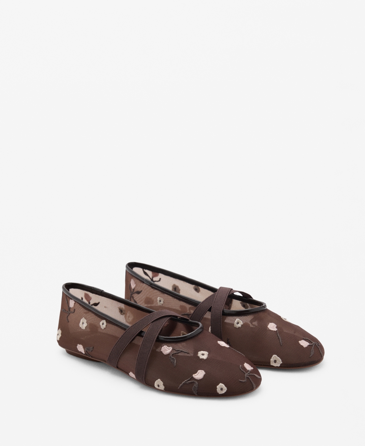Shop Mango Women's Cross Straps Embroidered Flowers Ballerinas Shoes In Brown