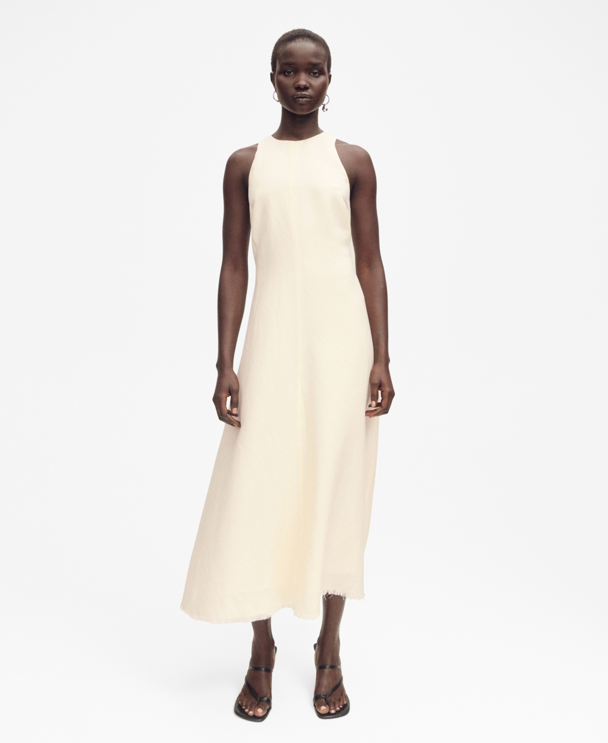 Mango Structured Linen Mix Midi Dress With Raw Hem In Off White