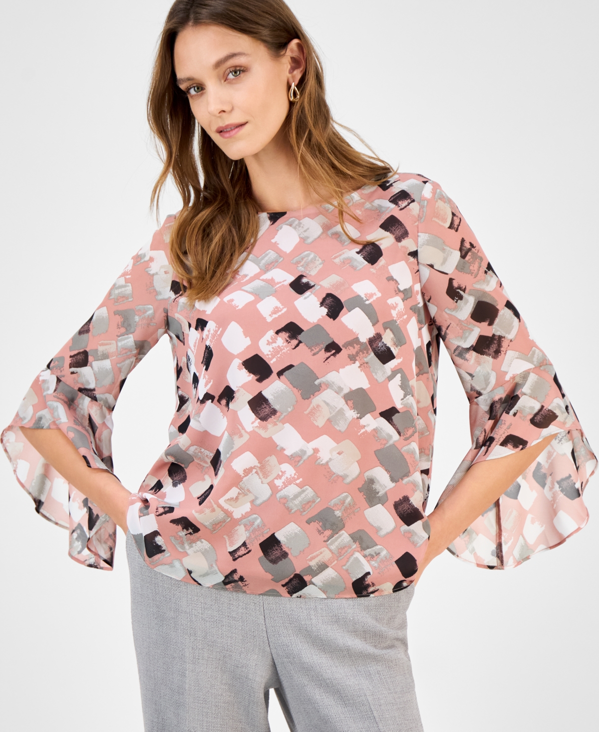 Women's Printed Ruffle-Sleeve Blouse, Regular & Petite - Black/cerise Multi