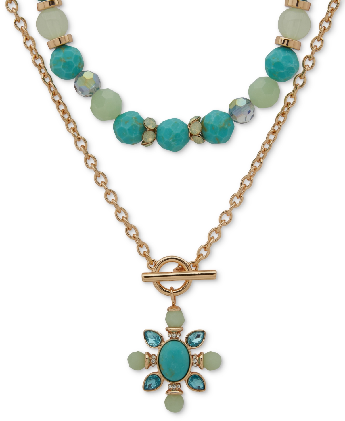 Gold-Tone Mixed Stone & Bead Flower Layered Pendant Necklace, 16" + 3" extender - Multi