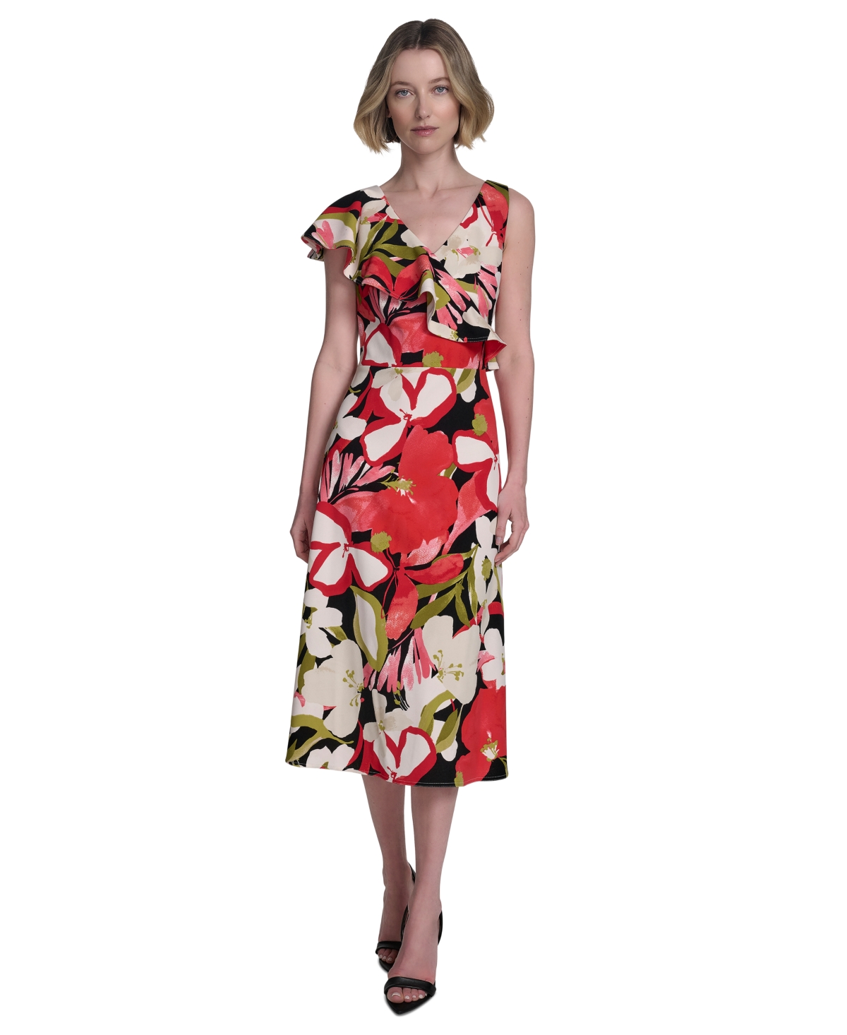 HALSTON WOMEN'S PRINTED ASYMMETRIC RUFFLED MIDI DRESS 