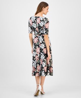 Women's Printed Elbow-Sleeve Midi Dress, Regular & Petite