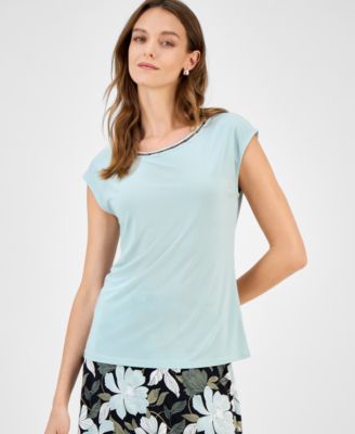 Kasper - Women's Beaded-Trim Extended-Shoulder Top