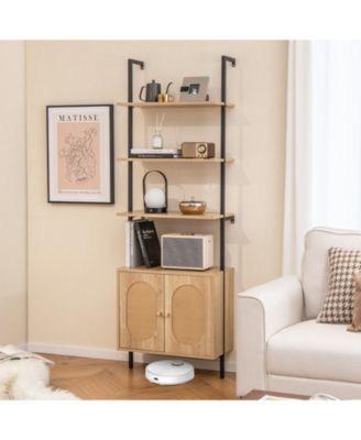 71 Inch 6-Tier Wall Mounted Ladder Bookshelf with Rattan Cabinet-Natural