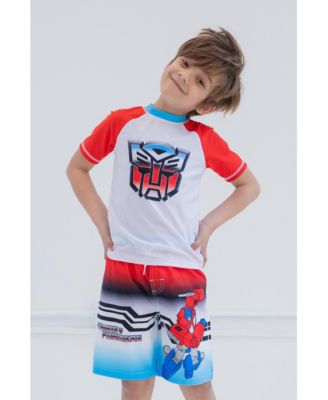 Boys Megatron Optimus Prime Bumblebee Rash Guard and Swim Trunks Outfit Set to