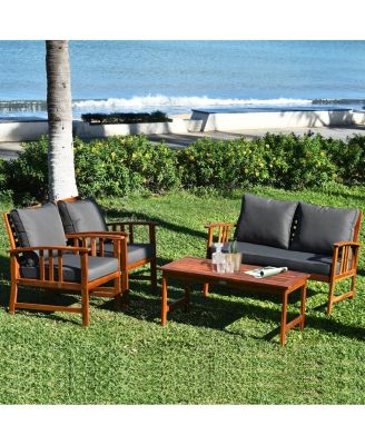 4PCS Wooden Patio Furniture Set Table Sofa Chair Cushioned Garden