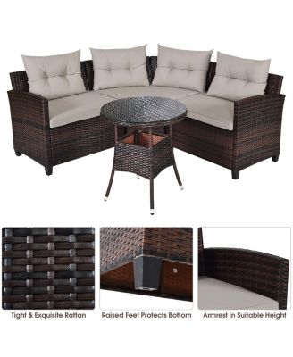 4PCS Outdoor Patio Rattan Furniture Set Cushioned Sofa Table