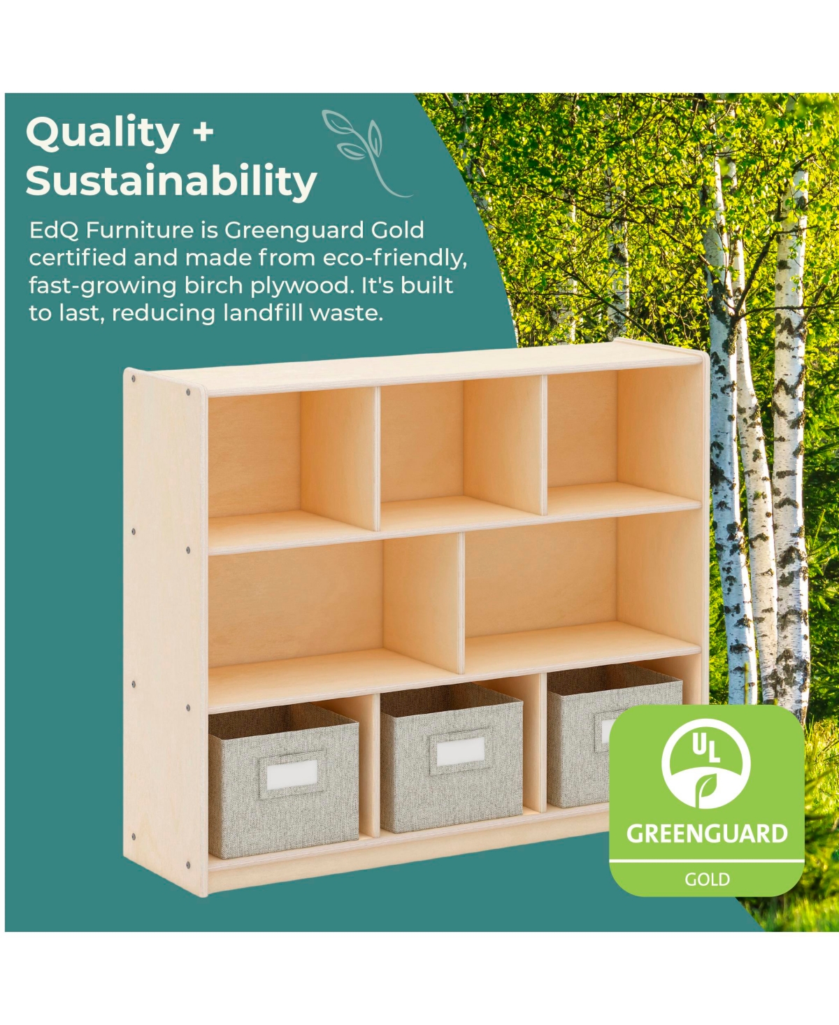 Guidecraft EdQ 3-Shelf 8-Compartment Storage 36" - Natural: Kids' Wooden Cubby Cube Bookshelf with Bins for Toys and School Supplies