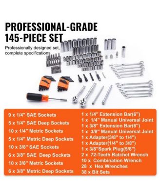 Mechanics Tool Set And Socket Set, Drive Deep And Standard Sockets, 145 Pcs SAE And Metric Mechanic Tool Kit With Bits, Combination Wrench, Hex Wrenches, Accessories, Storage Case
