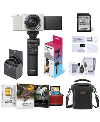 ZV-E10 Mirrorless Vlog Camera with 16-50mm Lens, White - Bundle with Vlogger Accessory Kit, Corel Mac Software Kit, Shoulder Bag, Screen