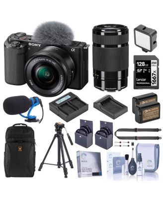 ZV-E10 Mirrorless Camera, Black with 16-50mm & 55-210mm Lens, Bundle with 2x Battery, Video Tripod, Shotgun Microphone, 49mm & 40.5mm Filter Kit