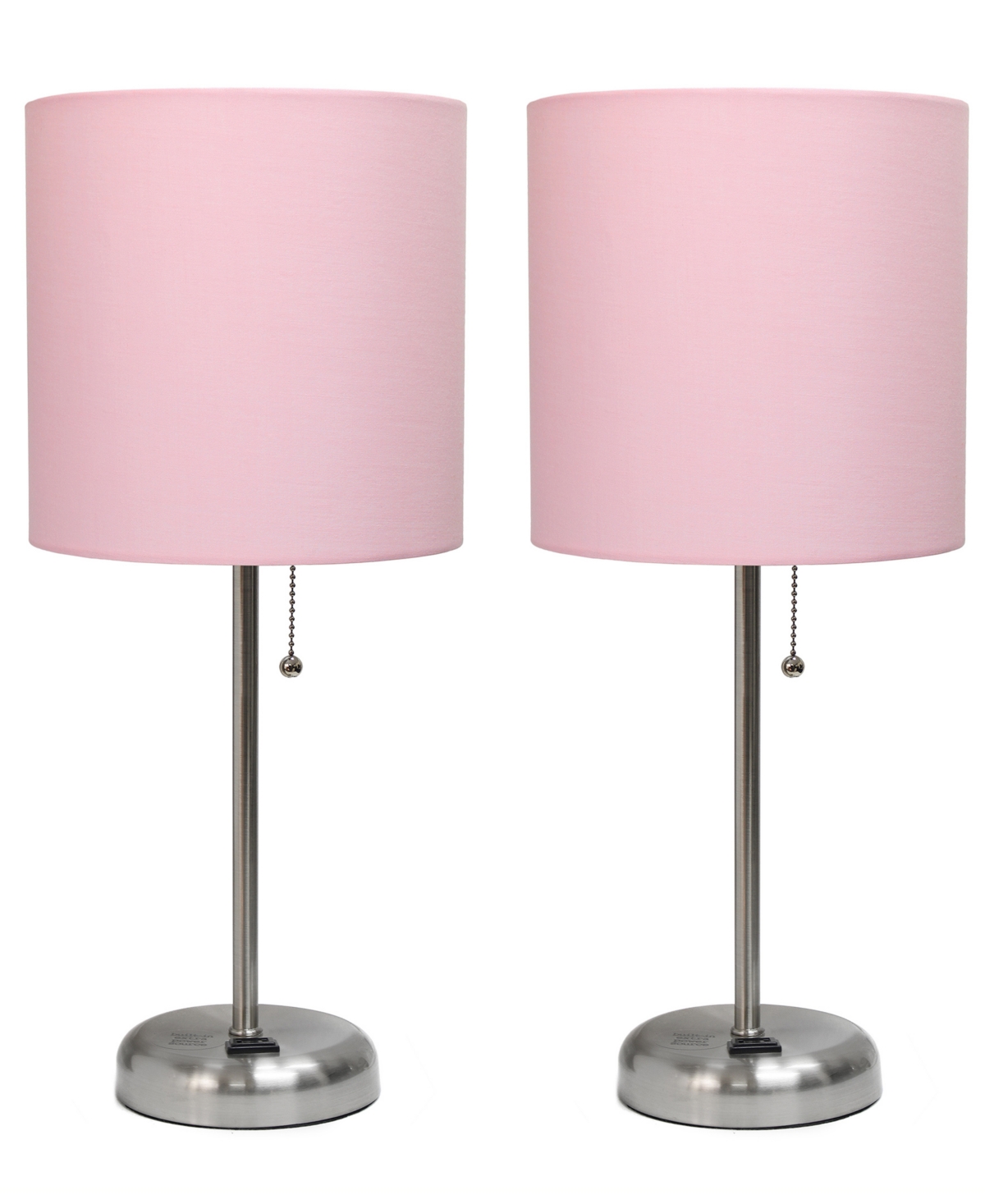 Creekwood Home 19.5" Metal Oslo Contemporary Bedside Duo Table Lamp Set In Brushed Steel,light Pink Shade