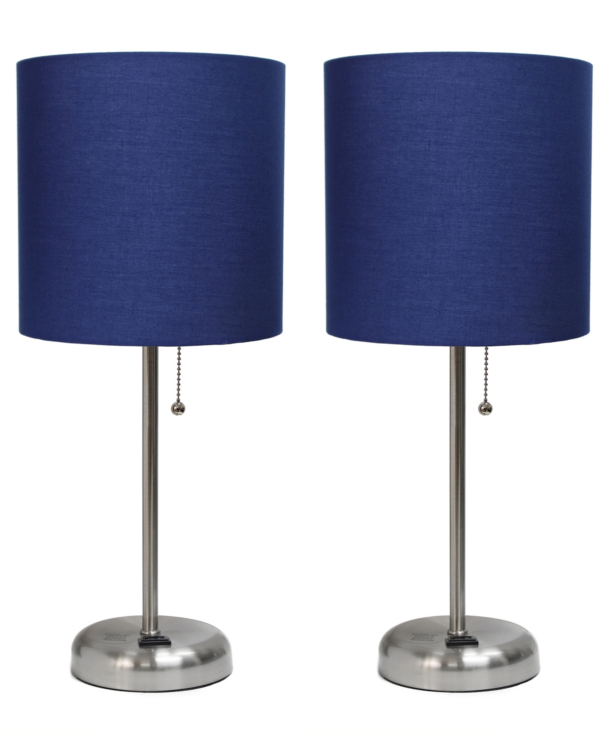 Creekwood Home 19.5" Metal Oslo Contemporary Bedside Duo Table Lamp Set In Brushed Steel,navy Blue Shade