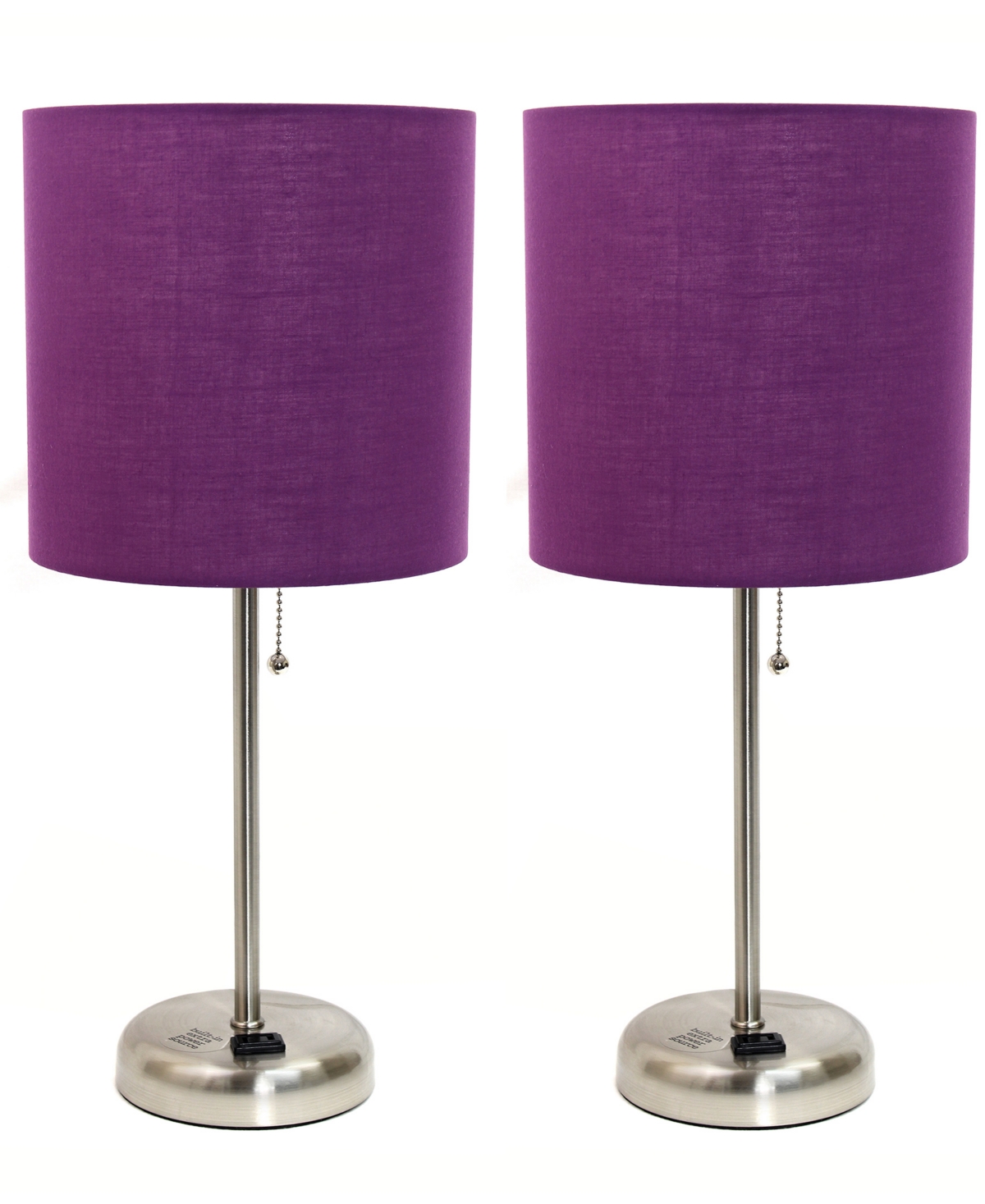 Creekwood Home 19.5" Metal Oslo Contemporary Bedside Duo Table Lamp Set In Brushed Steel,purple Shade