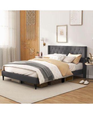 Queen Size Upholstered Platform Bed with Button Tufted Wingback Headboard-Gray
