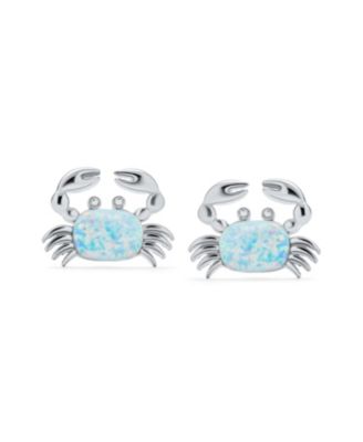 Set of 2 Small Created Blue White Opal Crab Stud Earrings Sterling Silver