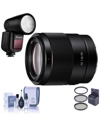FE 35mm f/1.8 Lens for Sony E, Bundle with Flashpoint Zoom Li-on X R2 TTL Flash, 55mm Filter Kit, Cleaning Kit