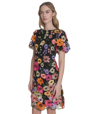 Petite Embroidered 3d-floral Puff-sleeve Shift Mini Dress